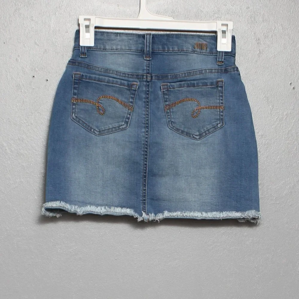 Justice medium wash distressed button fly stretch denim skirt